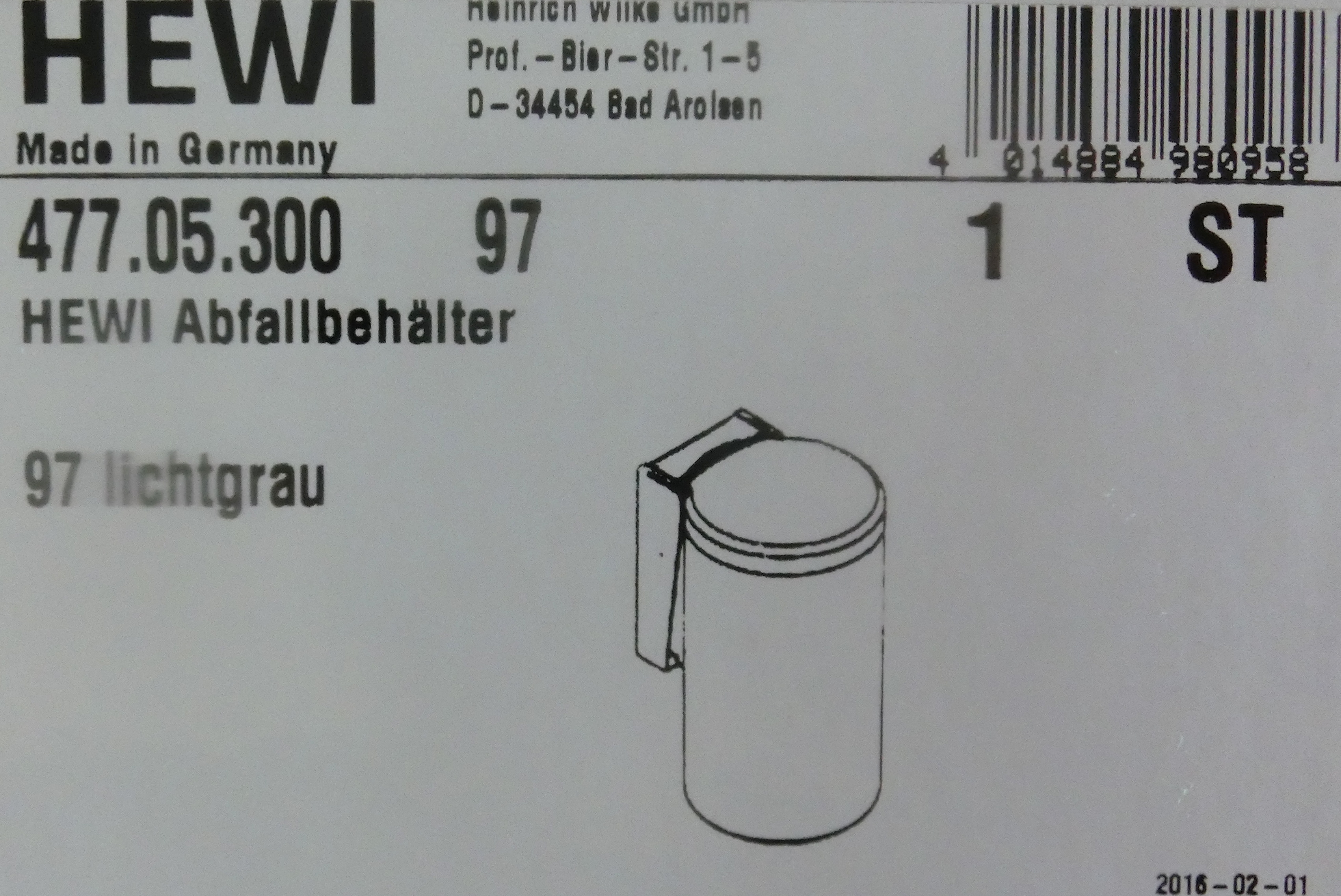 Hewi Serie 477 Abfallbehälter signalweiß; 477.05.300-98 